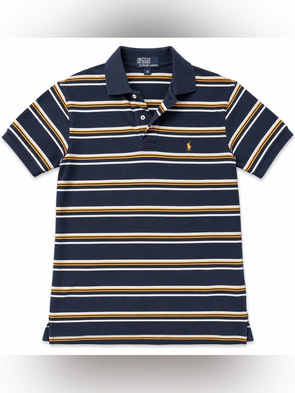Polo Ralph Lauren Men’s Medium Navy Yellow White Striped Short Sleeve Polo Shirt